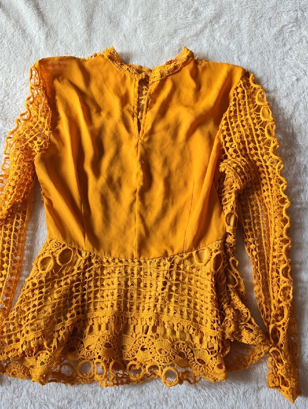 SHEIN Mustard Crochet Long-Sleeve Peplum Blouse